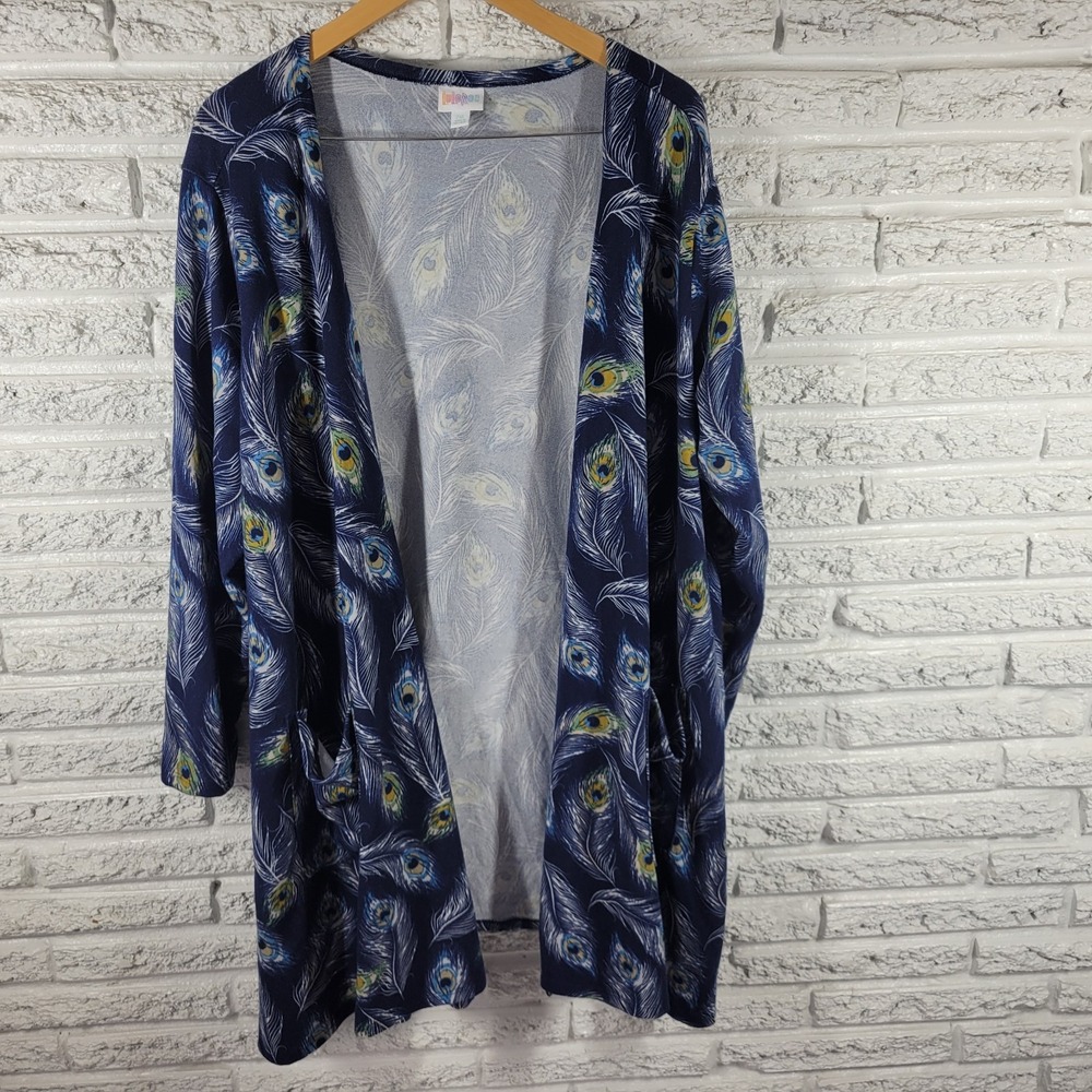 LuLaRoe 2XL Open Cardigan Sweater Peacock Feather Blue Plus Size Knit Pockets